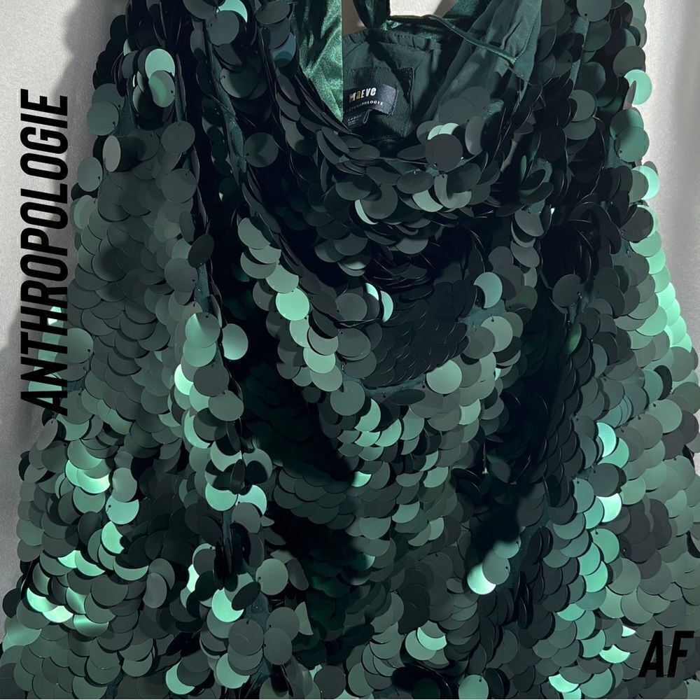 ANTHROPOLOGIE BY MAEVE ONE SHOULDER SEQUINED MINI DRESS EMERALD NEW LARGE - Picture 6 of 7
